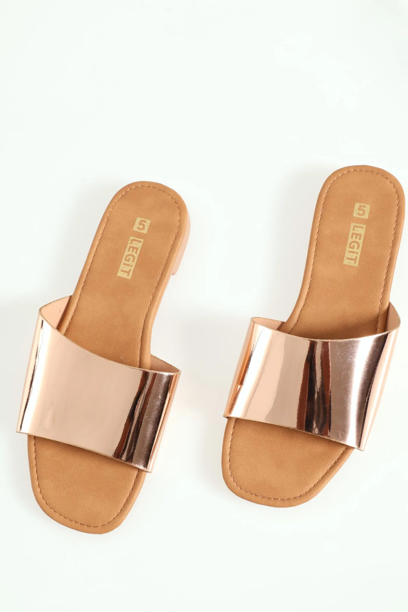 Flat Basic One Strap Asymmetrical Push In Mule Sandal - Bronze