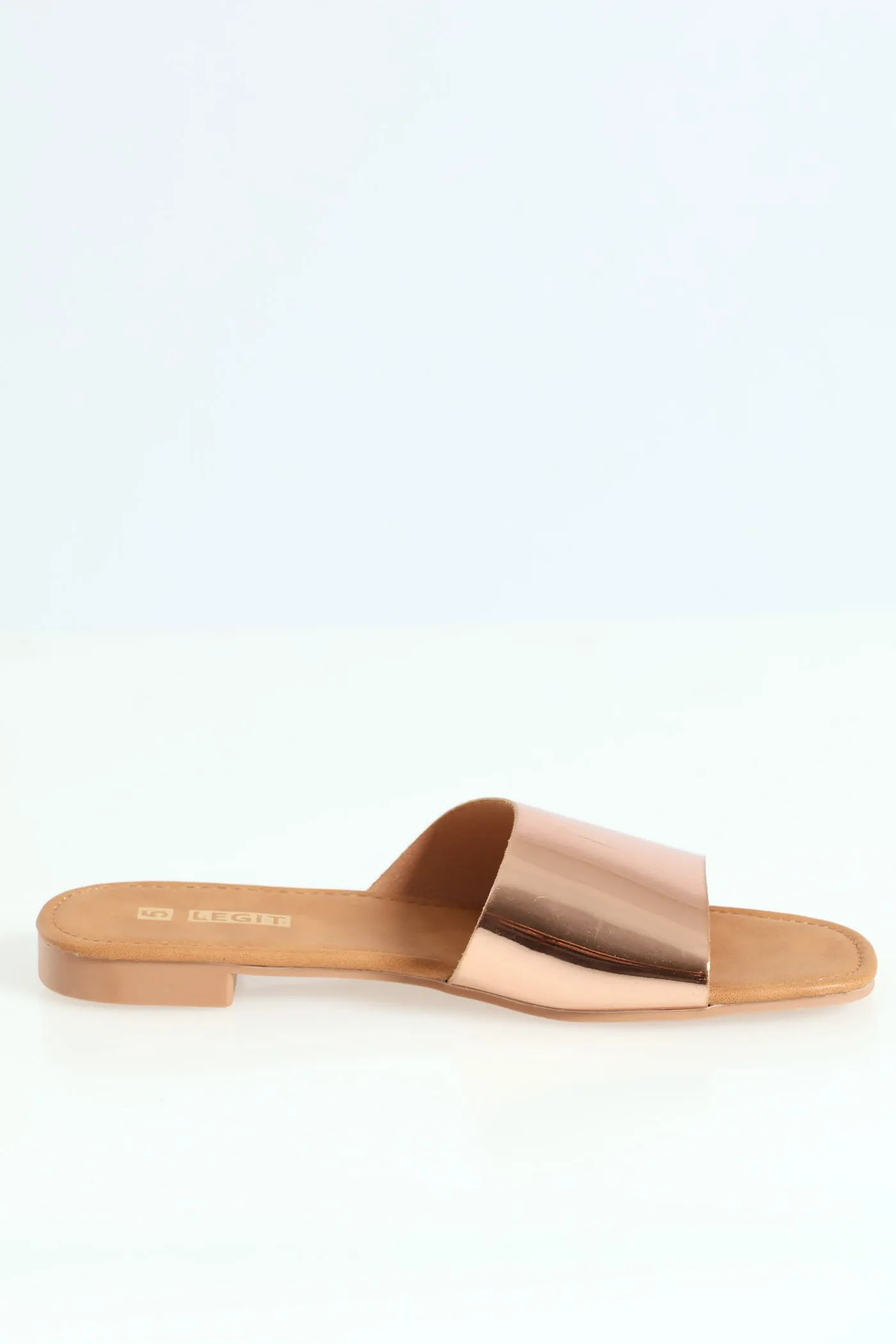 Flat Basic One Strap Asymmetrical Push In Mule Sandal - Bronze