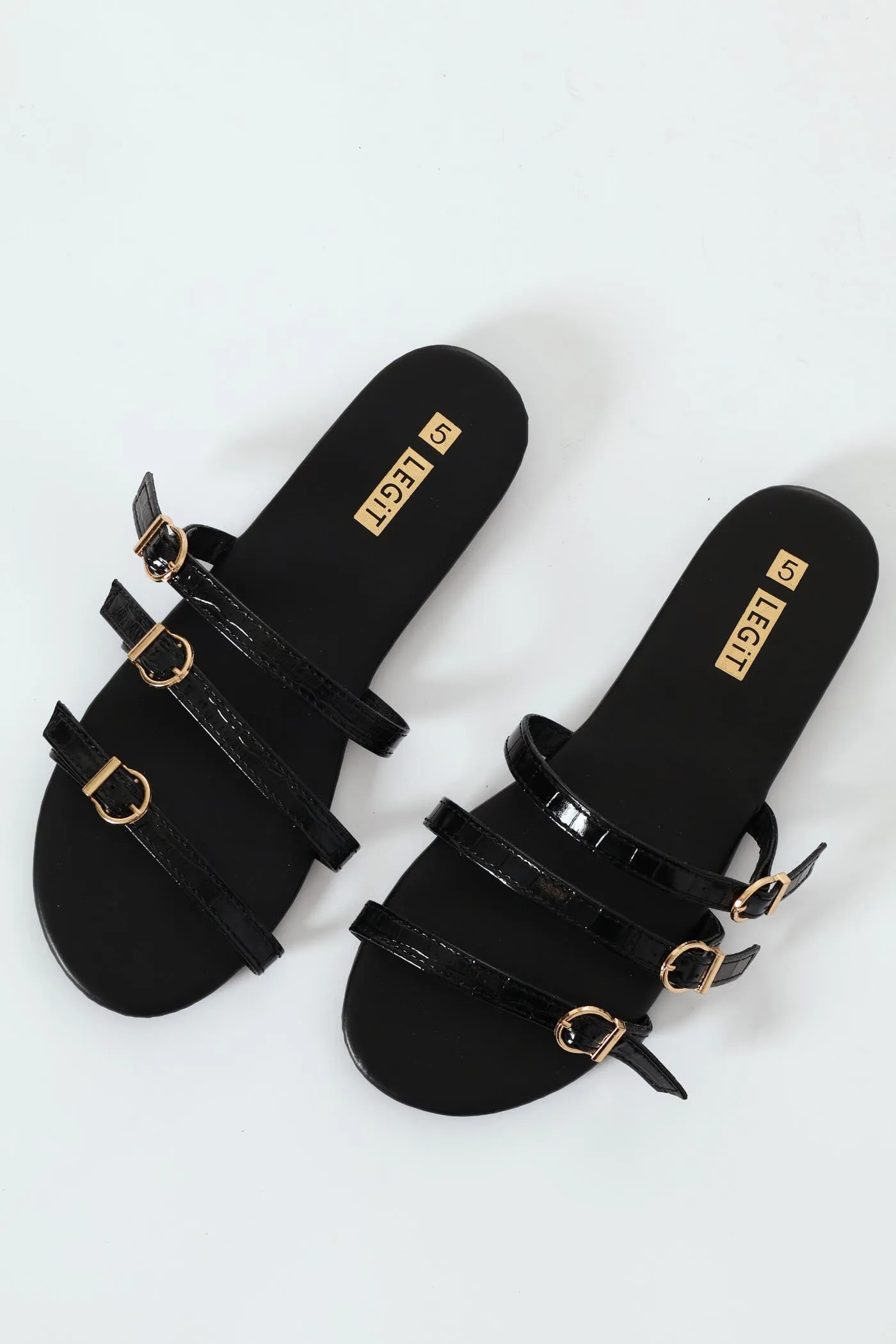 Flat Multistrap Buckle Croc Mule Sandal - Black