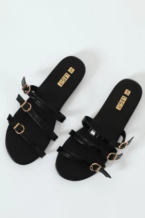 Flat Multistrap Buckle Croc Mule Sandal - Black
