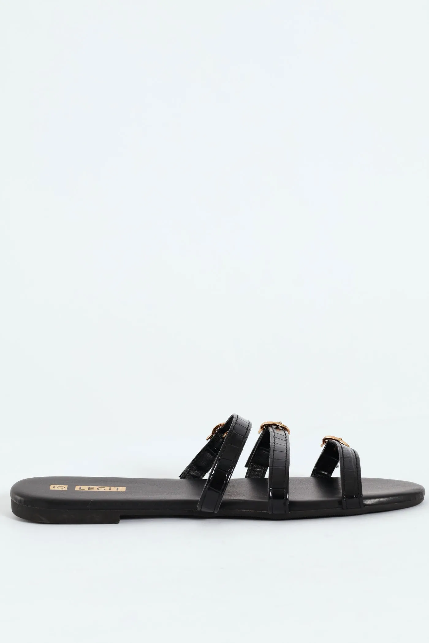 Flat Multistrap Buckle Croc Mule Sandal - Black