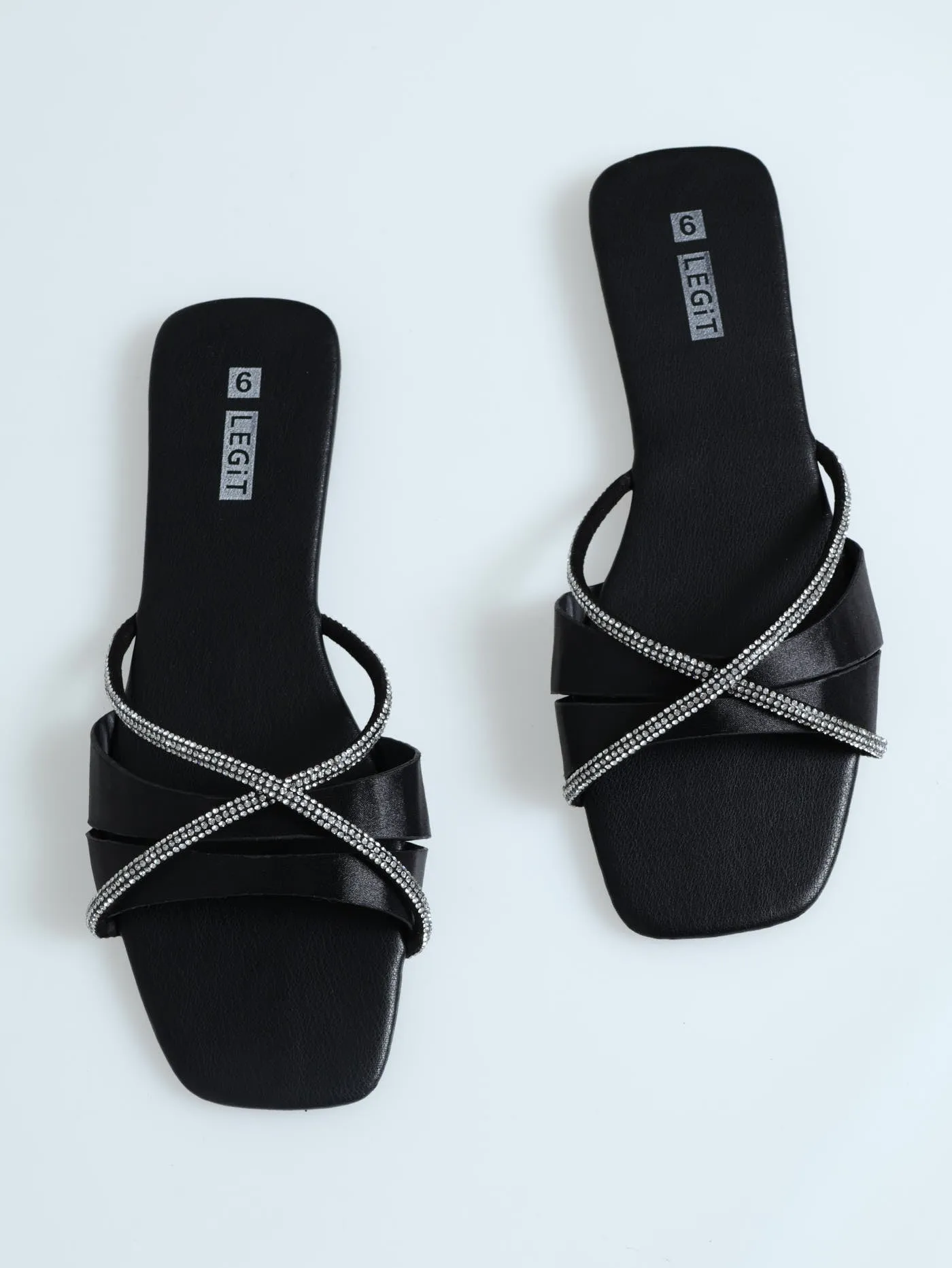 Flat One Strap Criss Cross Diamante Mule Sandal - Black