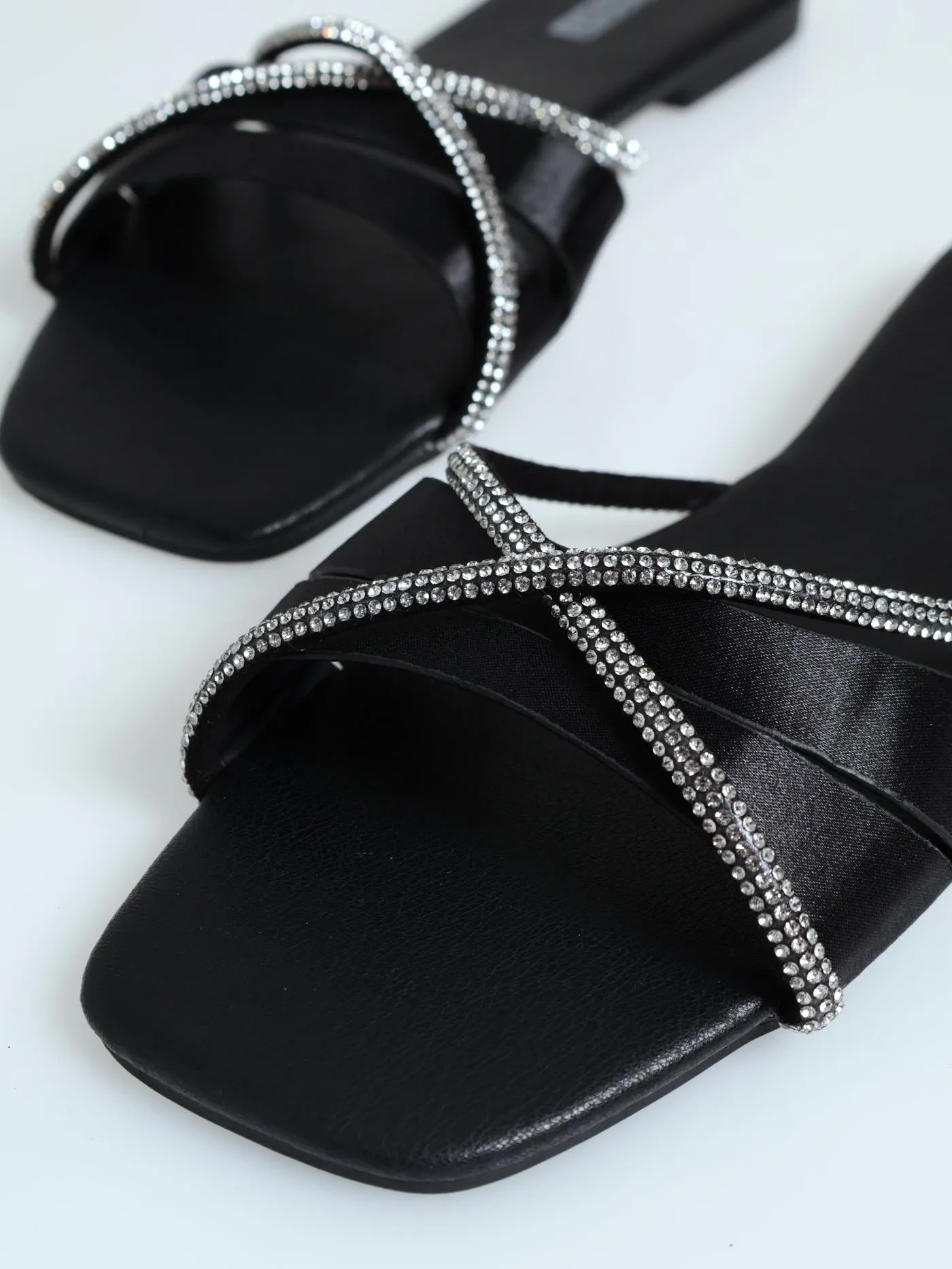Flat One Strap Criss Cross Diamante Mule Sandal - Black