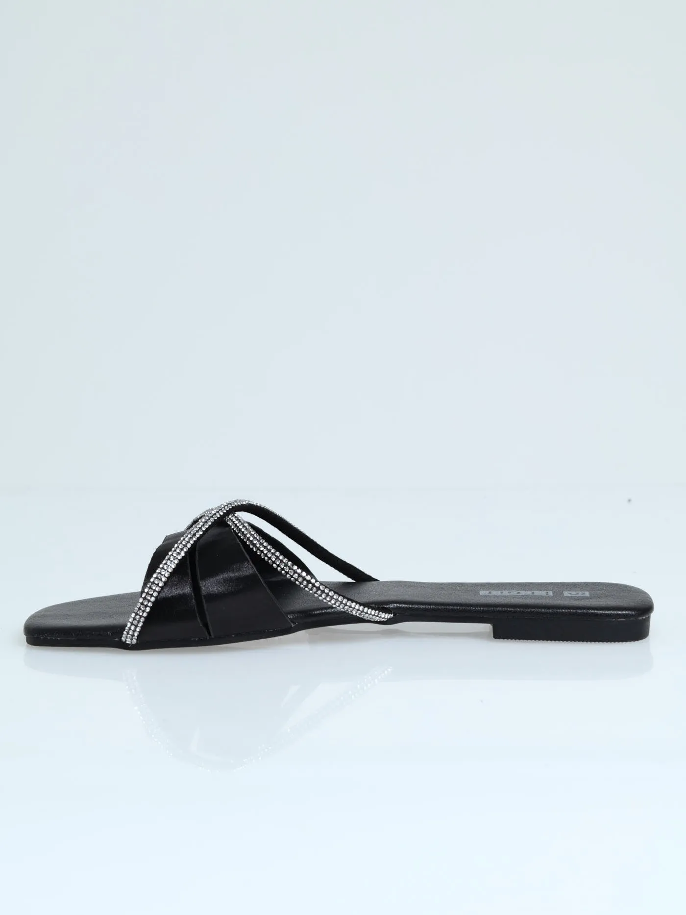 Flat One Strap Criss Cross Diamante Mule Sandal - Black
