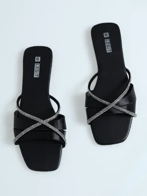 Flat One Strap Criss Cross Diamante Mule Sandal - Black