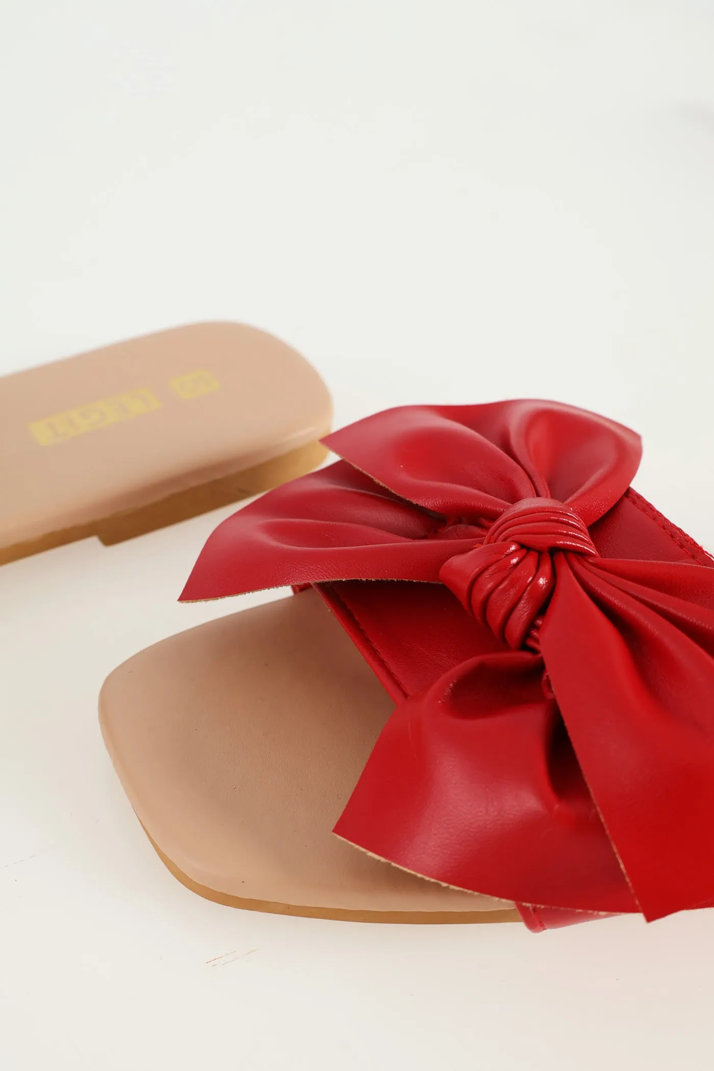 Flat One Strap Mule Sandal With Bow - Red