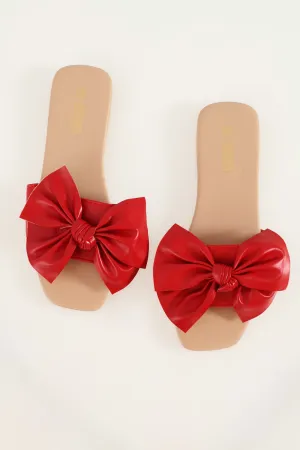 Flat One Strap Mule Sandal With Bow - Red