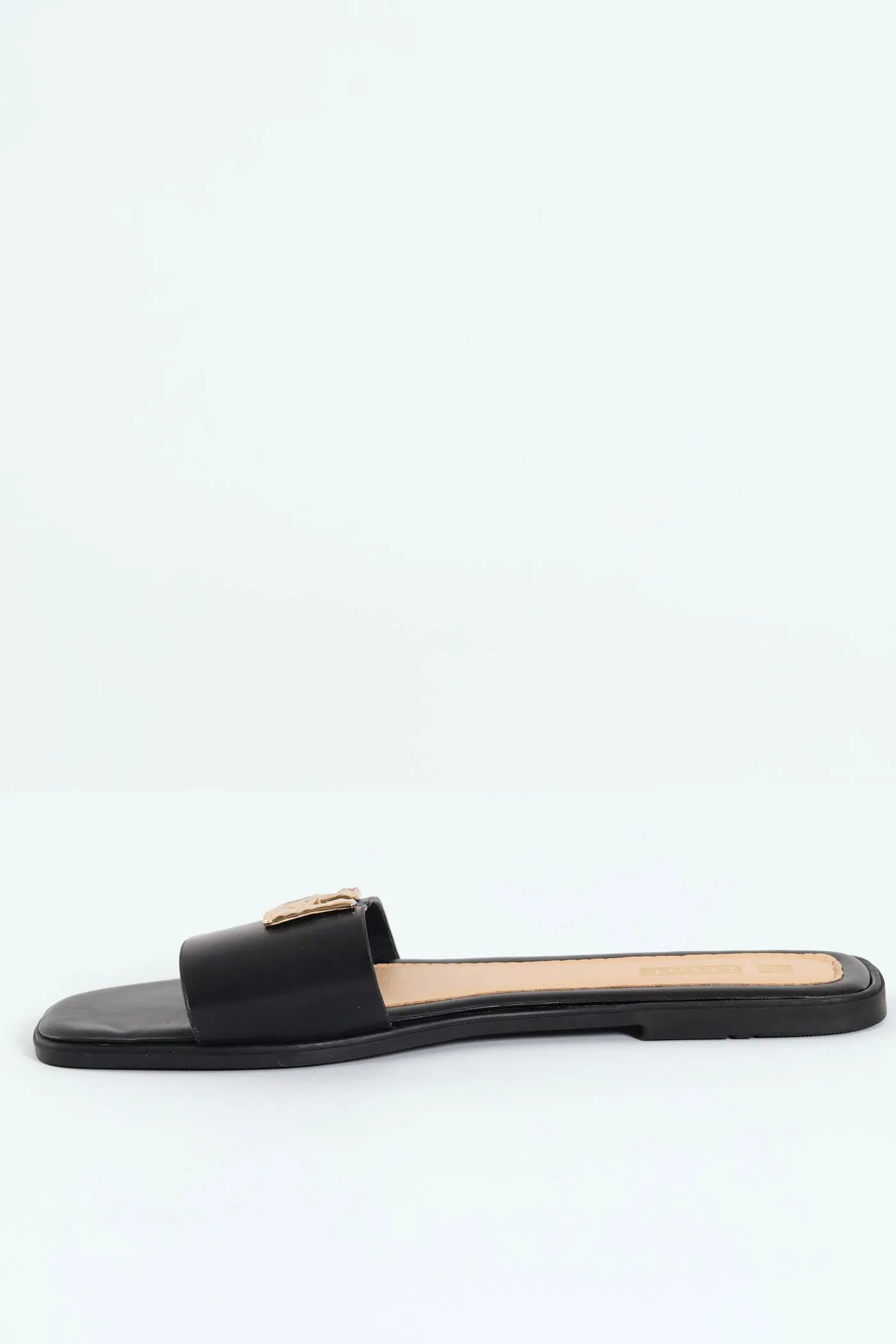 Flat One Strap Mule Sandal With Gold Crinkle U Trim - Black