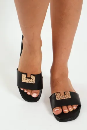 Flat One Strap Mule Sandal With Gold Crinkle U Trim - Black