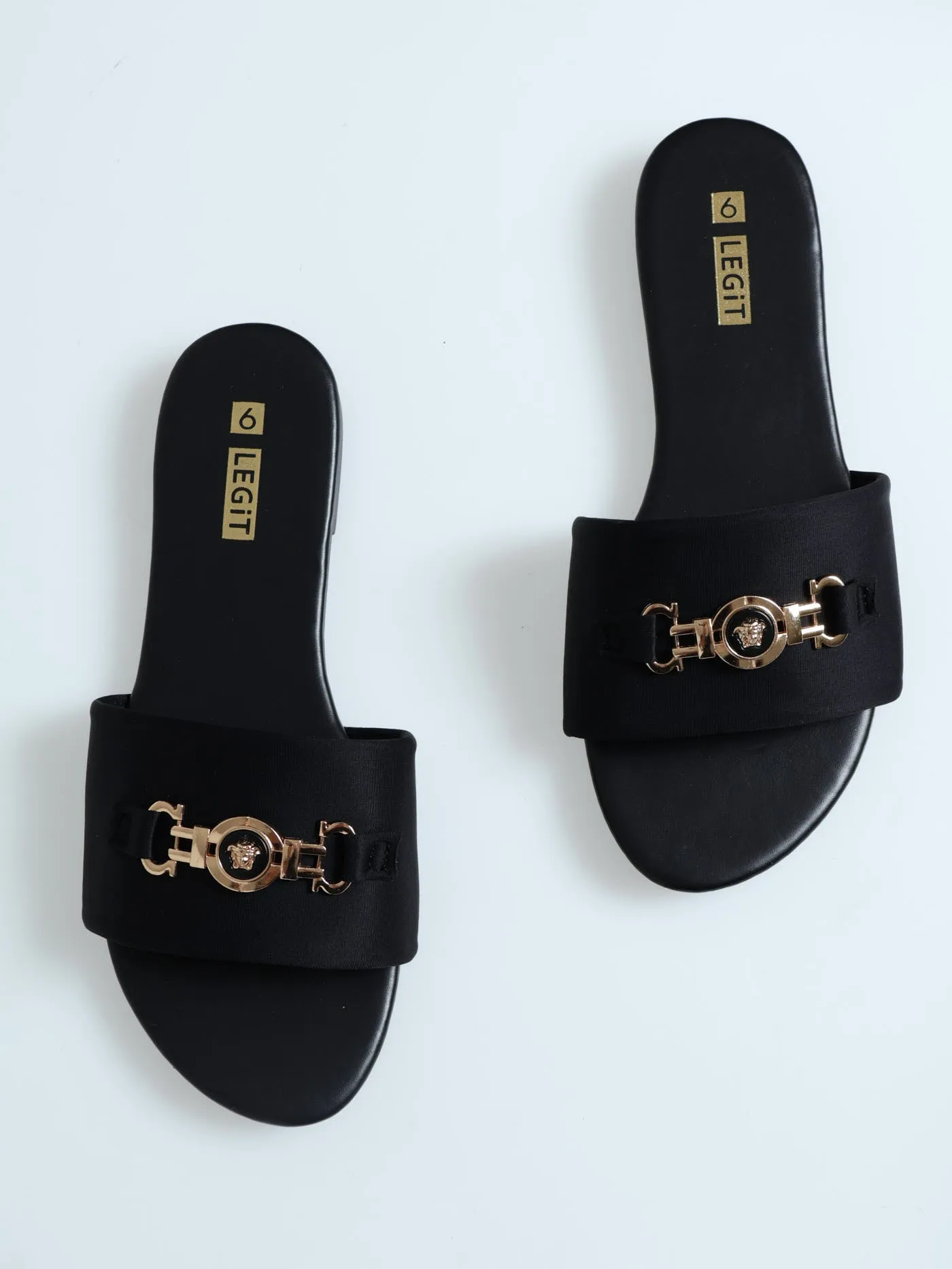 Flat One Strap Padded Mule Sandal With Coin Link - Black