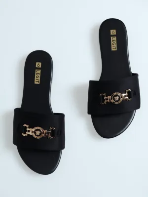 Flat One Strap Padded Mule Sandal With Coin Link - Black