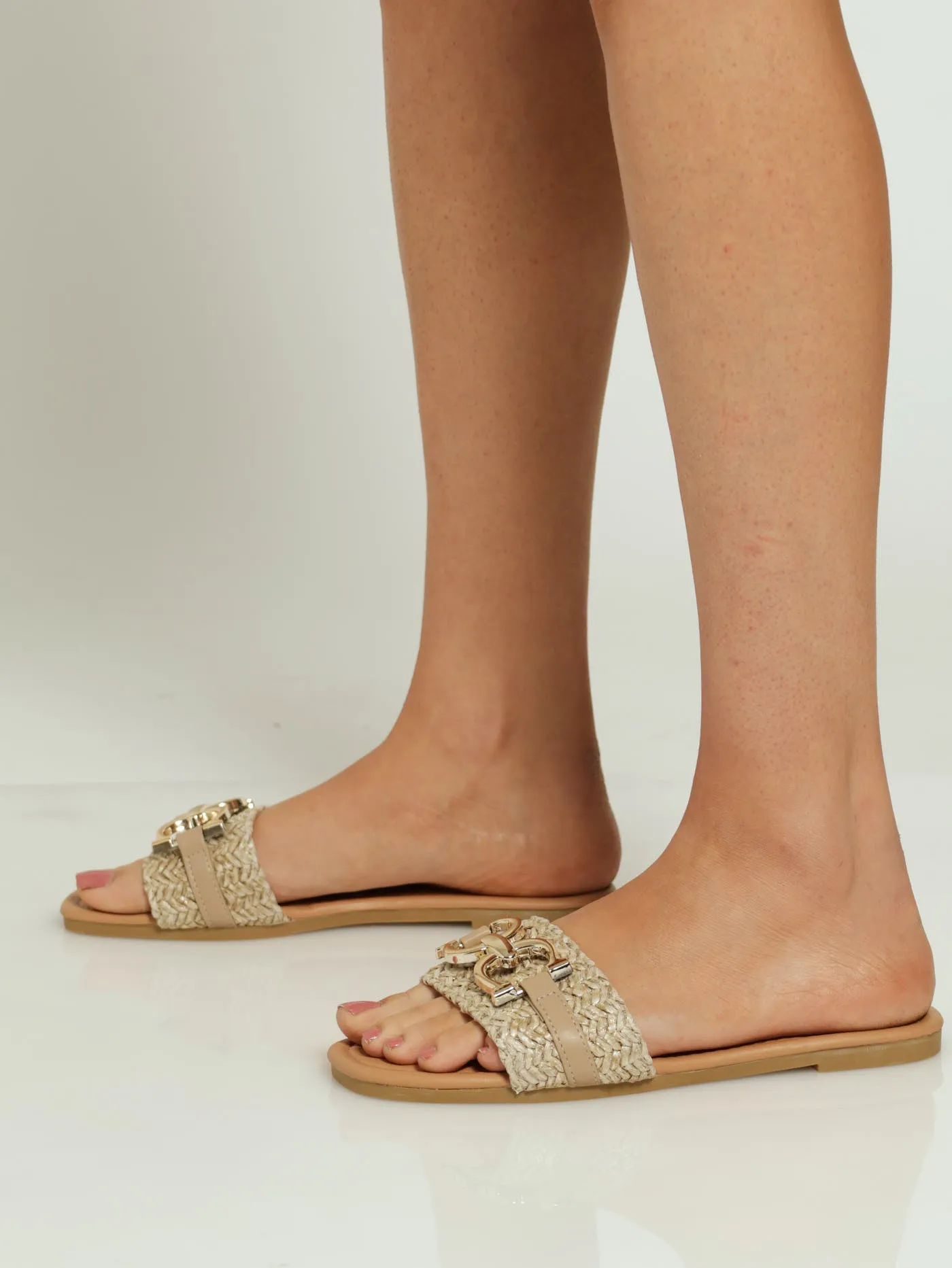 Flat One Strap Push In Raffia Mule With Gold Trim - Taupe
