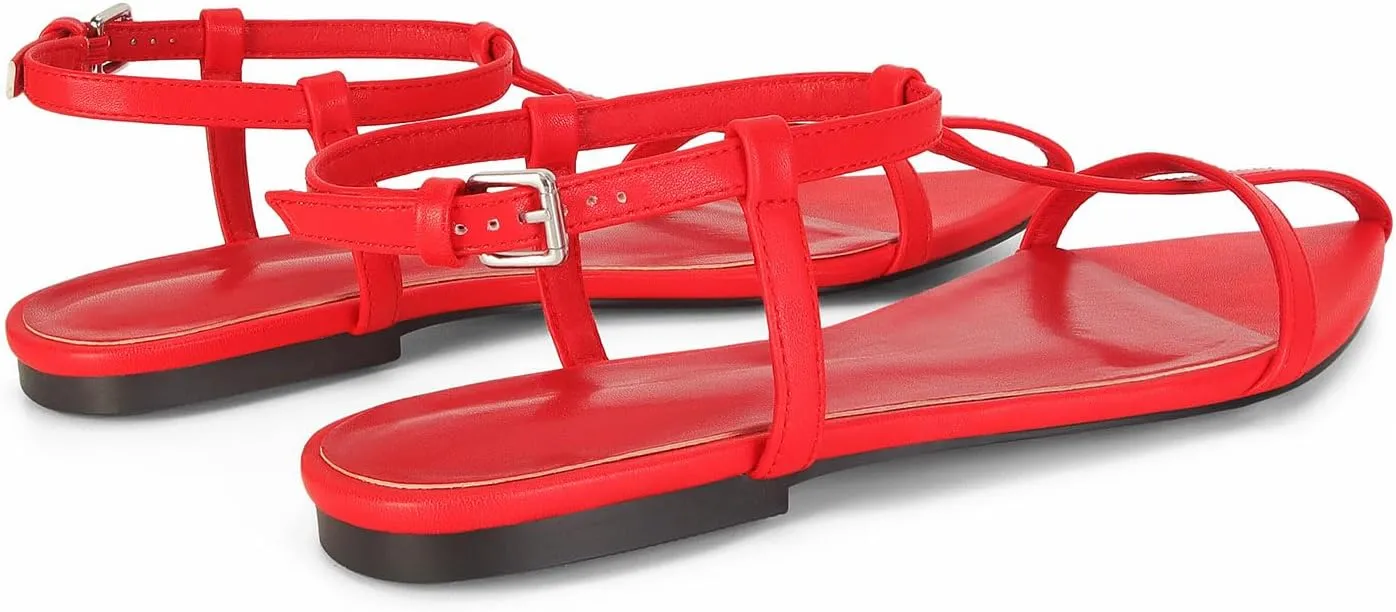 Flat Sandals for Women Adjustable Ankle Strap Slide Sandals Pointed Open Toe Flats Dressy Summer Sandals