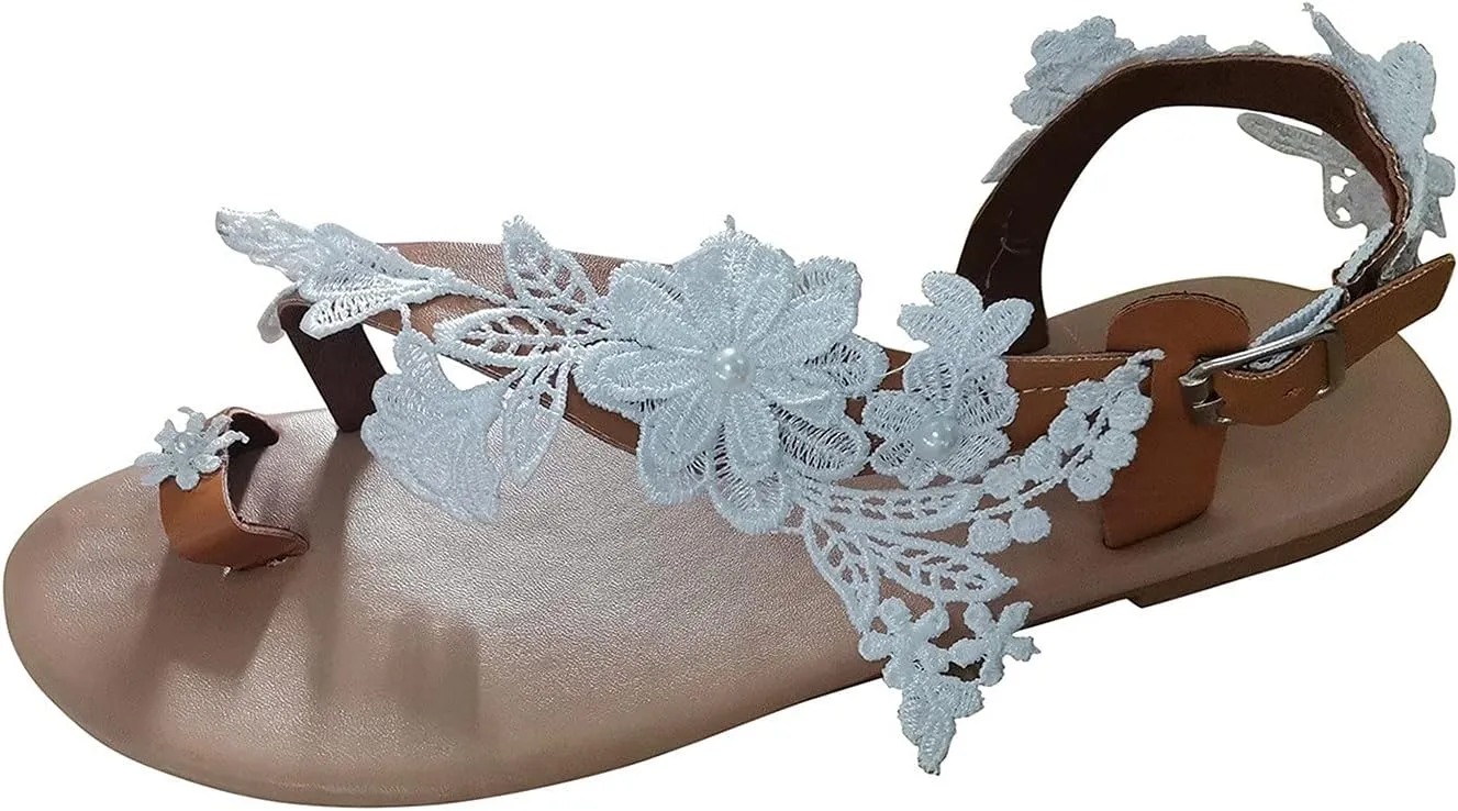 Flat Sandals for Women Dressy Summer Beaded Flip-Flop Bohemia Bling Rhinestone Thong Sandals Roman Shoes with Ankle Strap
