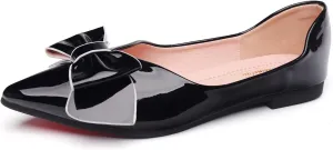 Flats Shoes Women Leather Comfortable Pointed Toe Dress Shoes Bow Memory Foam Insole Slip on Work Flats for Women