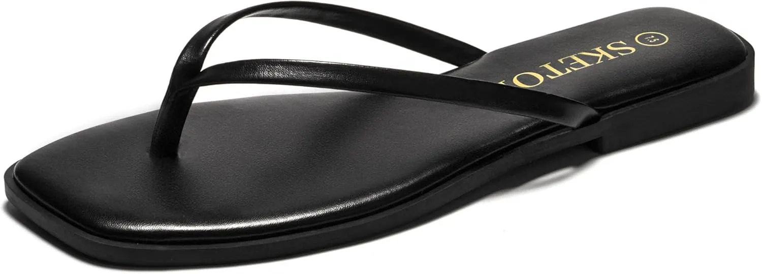 Flip Flops for Women Square Toe Flat Sandals for Women Comfortable Thong Sandals Vegan Leather Flip Flops Lightweight Summer Beach Sandals Dressy Vacation Essentials Slides