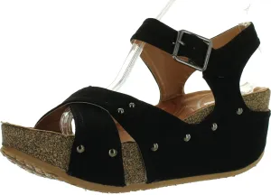 Forever Freya-23 Womens Cork Look Platform Ankle Strap Low Wedge Sandals,Black,7.5
