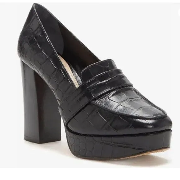 FOWT Black Crocodile Chunky Heel Loafer Square Toe High Heel Platform Loafer