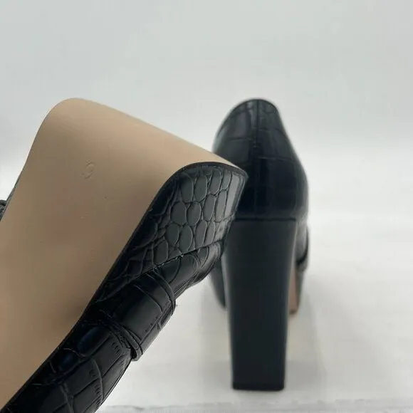 FOWT Black Crocodile Chunky Heel Loafer Square Toe High Heel Platform Loafer