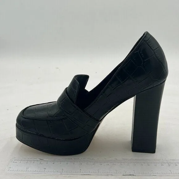FOWT Black Crocodile Chunky Heel Loafer Square Toe High Heel Platform Loafer