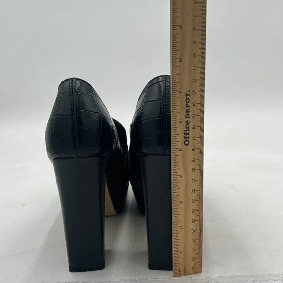 FOWT Black Crocodile Chunky Heel Loafer Square Toe High Heel Platform Loafer