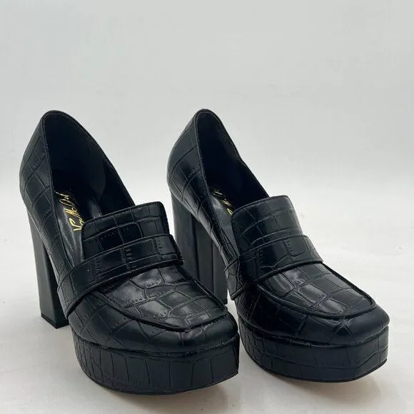 FOWT Black Crocodile Chunky Heel Loafer Square Toe High Heel Platform Loafer