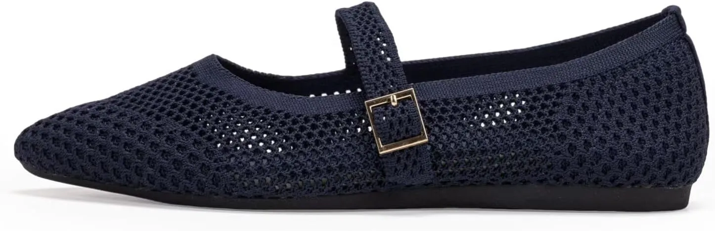 Frank Mully Women's Mesh Flats Mary Jane Shoes Pointed Toe Lightweight with Adjustable Instep Strap Knit Flat Shoes for Women Dressy Casual Washable Walking Shoes