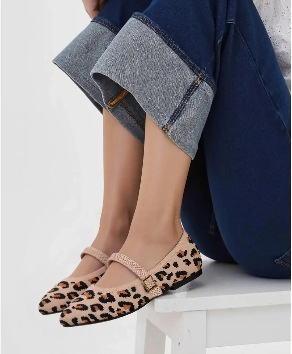 Frank Mully Women's Mesh Flats Mary Jane Shoes Pointed Toe Lightweight with Adjustable Instep Strap Knit Flat Shoes for Women Dressy Casual Washable Walking Shoes