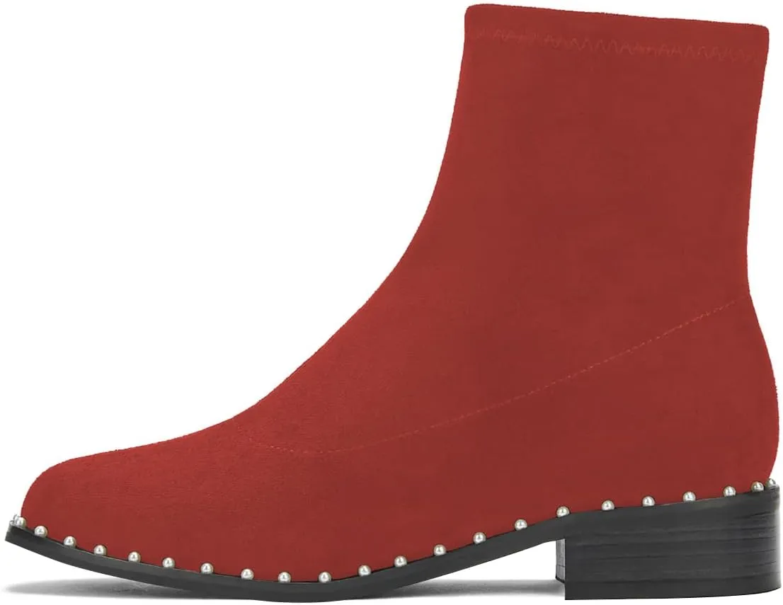 FSJ Women Classic Suede Round Toe Block Low Heel Ankle Boots Elastic Flat Booties Pearls Pull On Casual Ladies Shoes Size 4-15 US