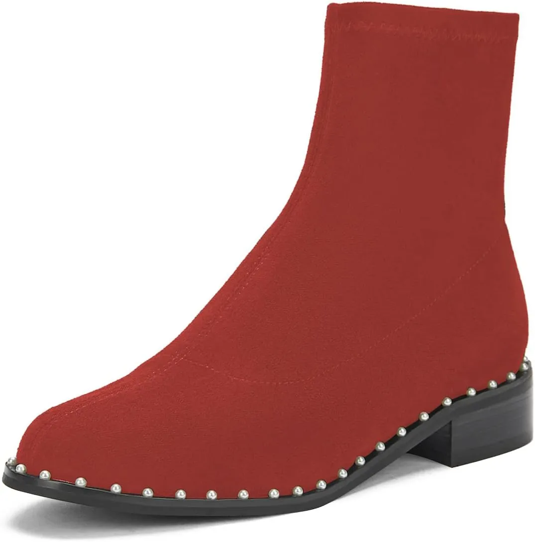 FSJ Women Classic Suede Round Toe Block Low Heel Ankle Boots Elastic Flat Booties Pearls Pull On Casual Ladies Shoes Size 4-15 US