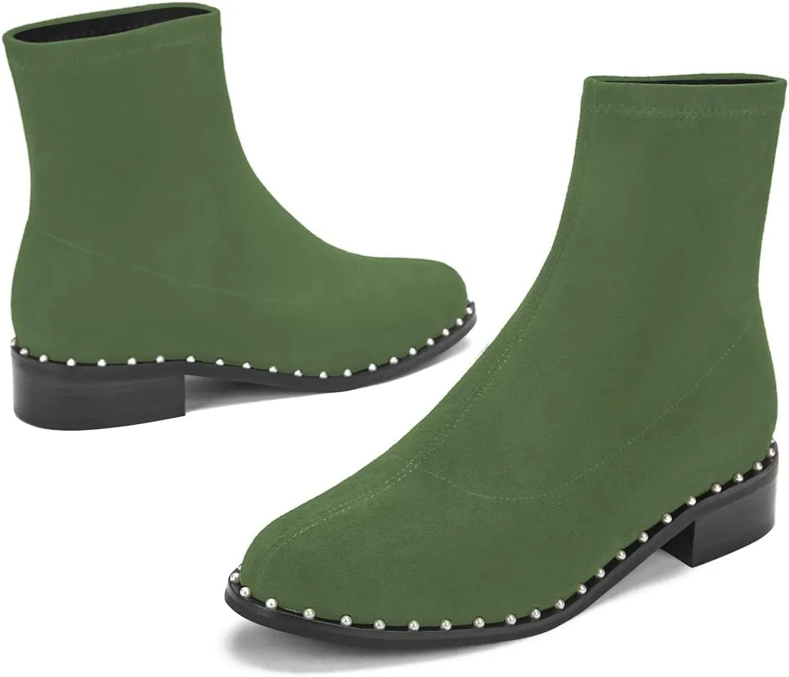 FSJ Women Classic Suede Round Toe Block Low Heel Ankle Boots Elastic Flat Booties Pearls Pull On Casual Ladies Shoes Size 4-15 US