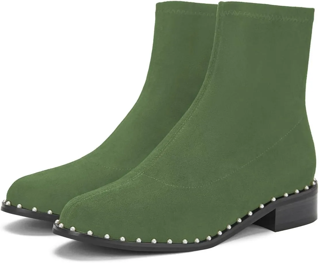 FSJ Women Classic Suede Round Toe Block Low Heel Ankle Boots Elastic Flat Booties Pearls Pull On Casual Ladies Shoes Size 4-15 US