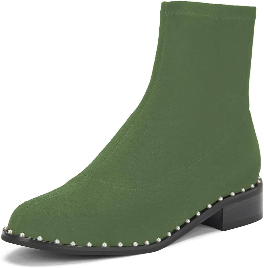 FSJ Women Classic Suede Round Toe Block Low Heel Ankle Boots Elastic Flat Booties Pearls Pull On Casual Ladies Shoes Size 4-15 US