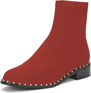 FSJ Women Classic Suede Round Toe Block Low Heel Ankle Boots Elastic Flat Booties Pearls Pull On Casual Ladies Shoes Size 4-15 US