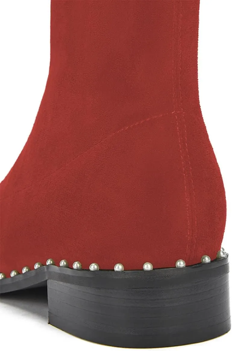 FSJ Women Classic Suede Round Toe Block Low Heel Ankle Boots Elastic Flat Booties Pearls Pull On Casual Ladies Shoes Size 4-15 US