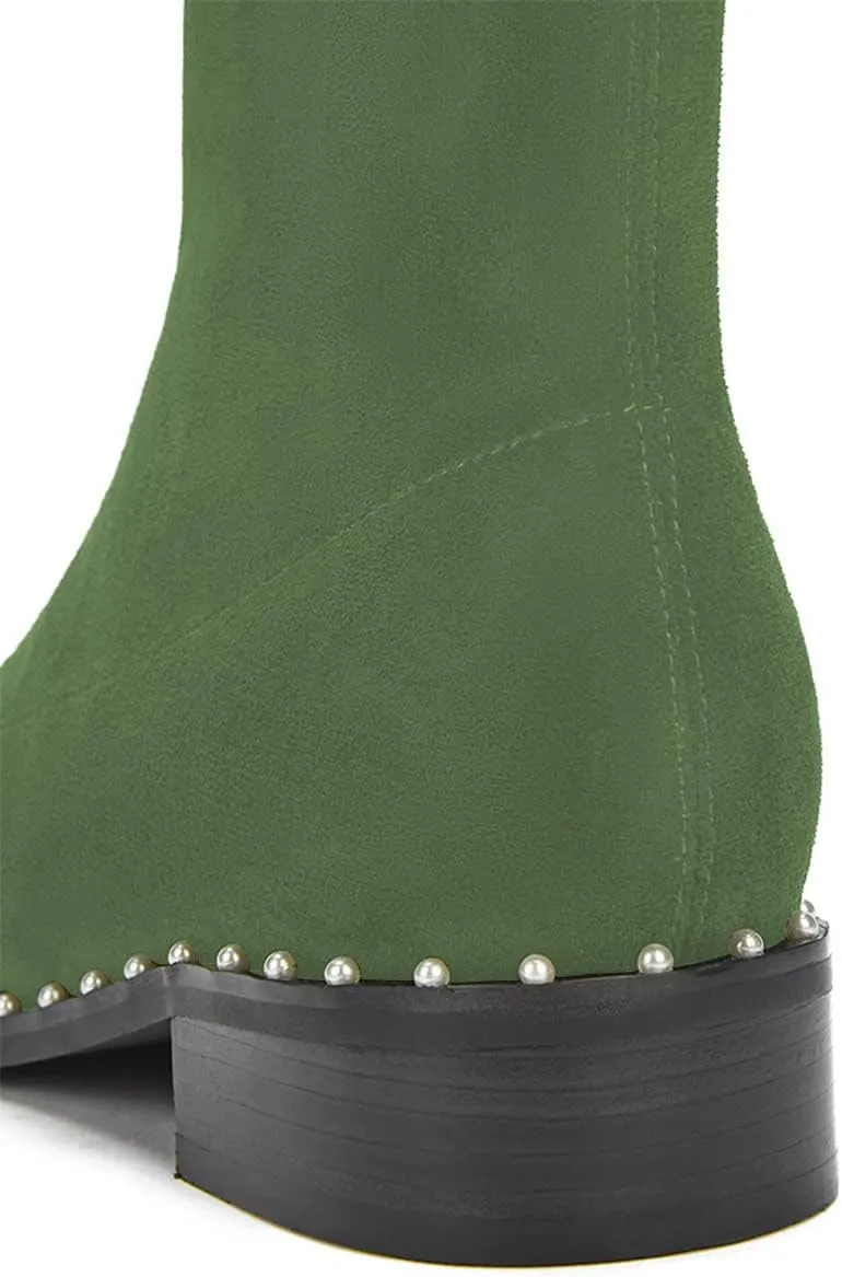 FSJ Women Classic Suede Round Toe Block Low Heel Ankle Boots Elastic Flat Booties Pearls Pull On Casual Ladies Shoes Size 4-15 US