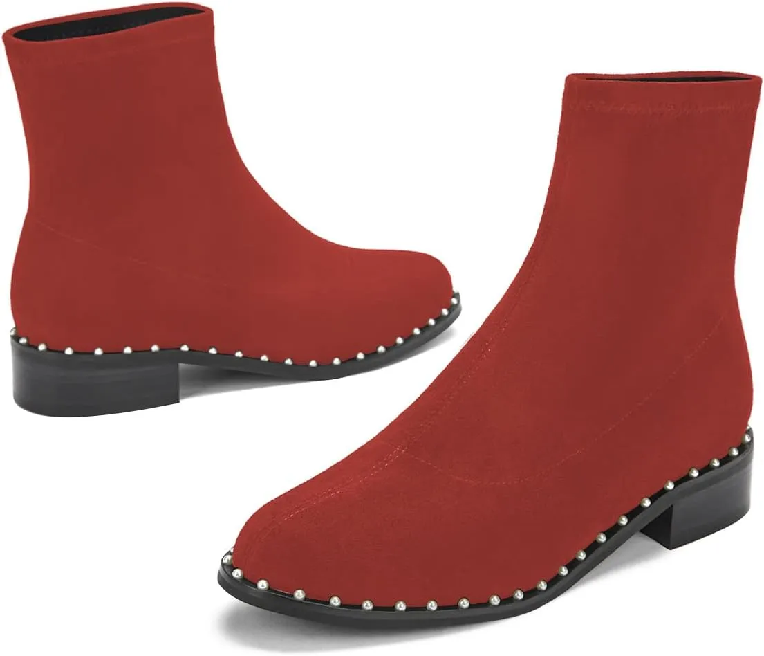 FSJ Women Classic Suede Round Toe Block Low Heel Ankle Boots Elastic Flat Booties Pearls Pull On Casual Ladies Shoes Size 4-15 US