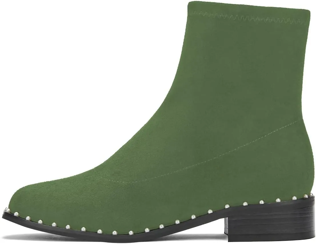 FSJ Women Classic Suede Round Toe Block Low Heel Ankle Boots Elastic Flat Booties Pearls Pull On Casual Ladies Shoes Size 4-15 US