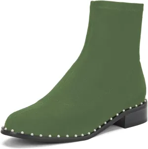 FSJ Women Classic Suede Round Toe Block Low Heel Ankle Boots Elastic Flat Booties Pearls Pull On Casual Ladies Shoes Size 4-15 US