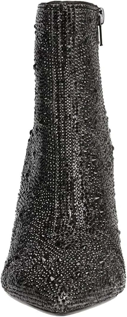 FSJ Women Crystal Ankle Boots Pointed Toe Low Chunky Block Heels Short Booties Side Zipper Comfy Sparkly Formal Dressy Shoes Size 4-15 US