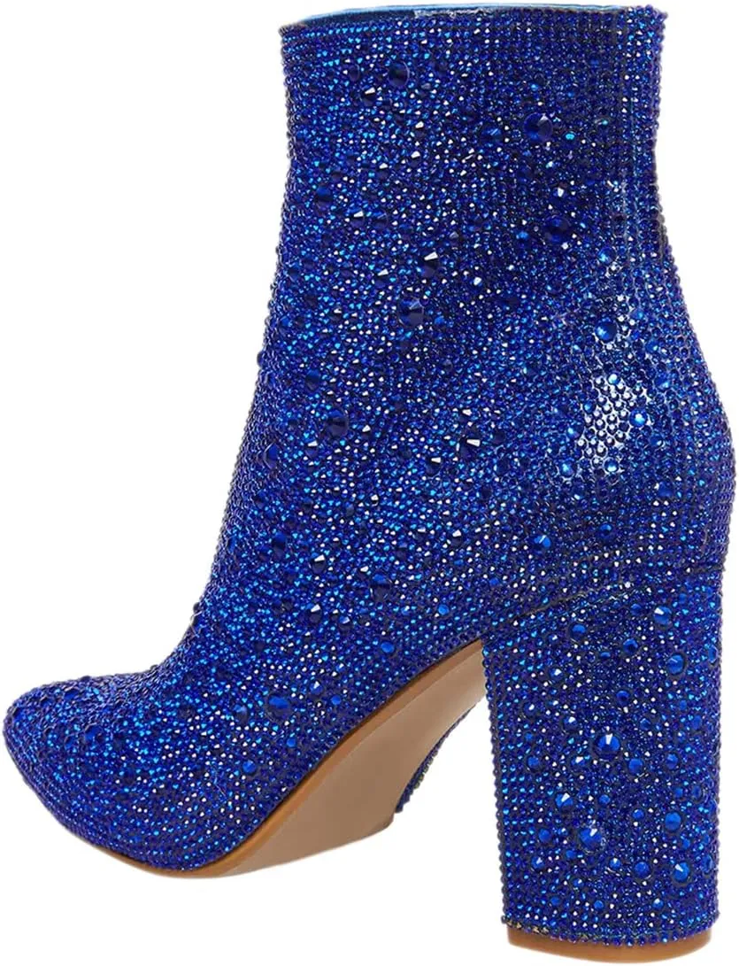 FSJ Women Crystal Ankle Boots Pointed Toe Low Chunky Block Heels Short Booties Side Zipper Comfy Sparkly Formal Dressy Shoes Size 4-15 US