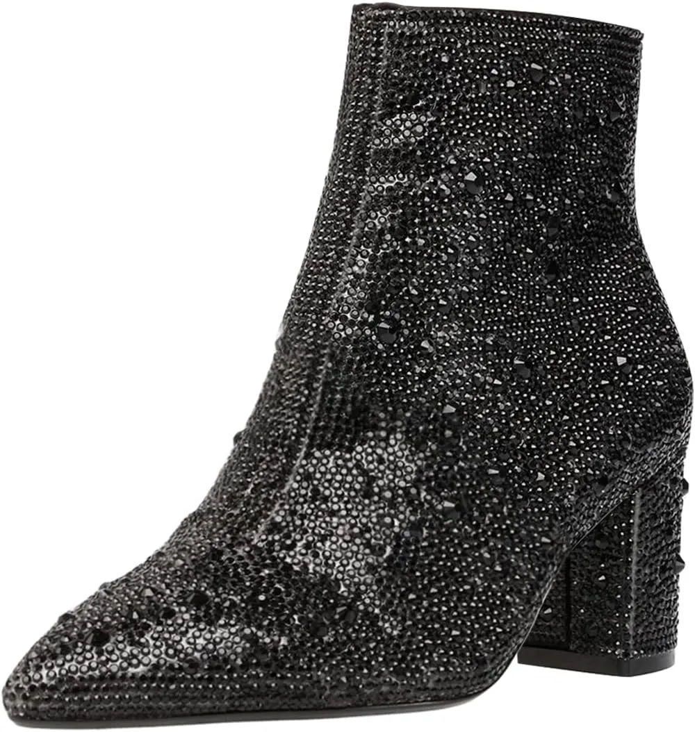 FSJ Women Crystal Ankle Boots Pointed Toe Low Chunky Block Heels Short Booties Side Zipper Comfy Sparkly Formal Dressy Shoes Size 4-15 US