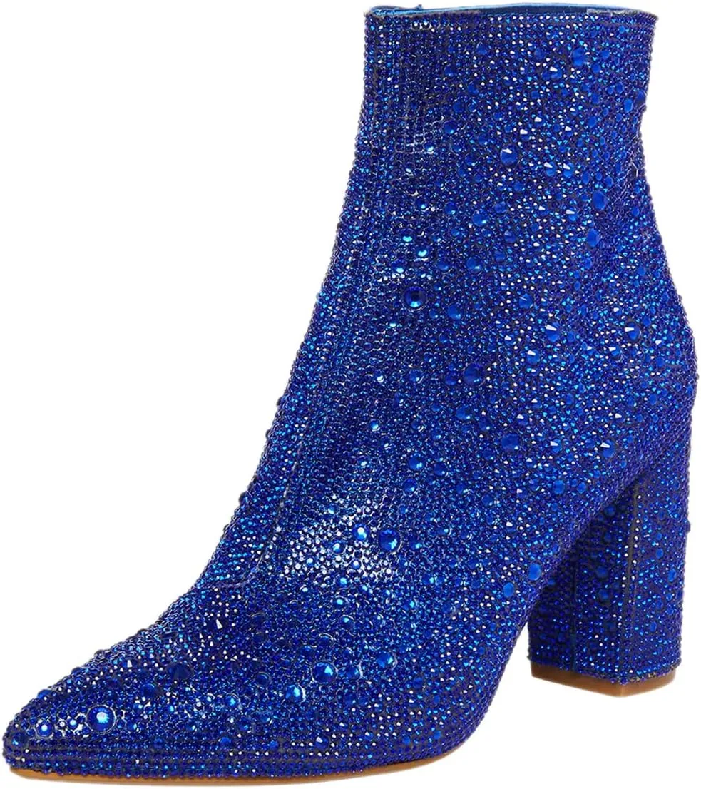FSJ Women Crystal Ankle Boots Pointed Toe Low Chunky Block Heels Short Booties Side Zipper Comfy Sparkly Formal Dressy Shoes Size 4-15 US
