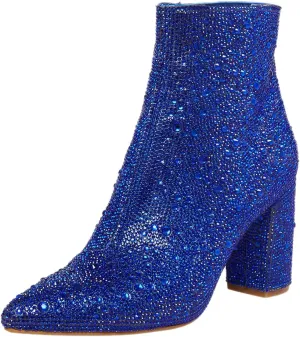 FSJ Women Crystal Ankle Boots Pointed Toe Low Chunky Block Heels Short Booties Side Zipper Comfy Sparkly Formal Dressy Shoes Size 4-15 US