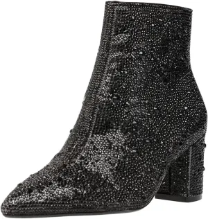 FSJ Women Crystal Ankle Boots Pointed Toe Low Chunky Block Heels Short Booties Side Zipper Comfy Sparkly Formal Dressy Shoes Size 4-15 US