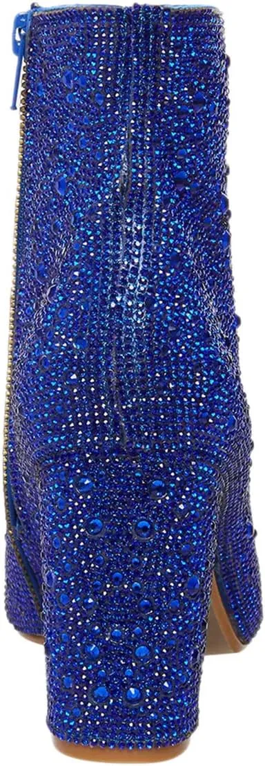 FSJ Women Crystal Ankle Boots Pointed Toe Low Chunky Block Heels Short Booties Side Zipper Comfy Sparkly Formal Dressy Shoes Size 4-15 US