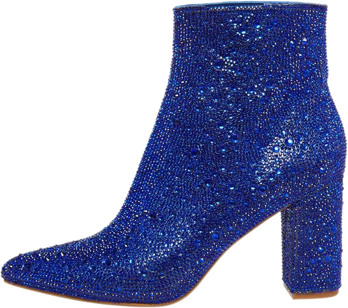 FSJ Women Crystal Ankle Boots Pointed Toe Low Chunky Block Heels Short Booties Side Zipper Comfy Sparkly Formal Dressy Shoes Size 4-15 US