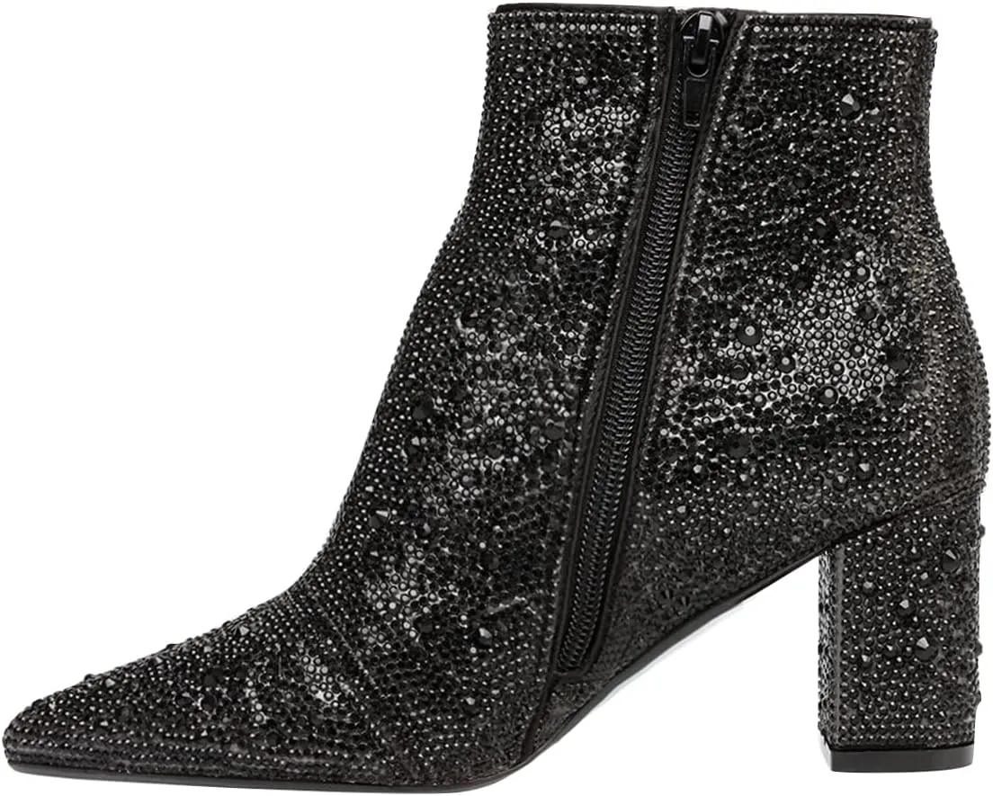 FSJ Women Crystal Ankle Boots Pointed Toe Low Chunky Block Heels Short Booties Side Zipper Comfy Sparkly Formal Dressy Shoes Size 4-15 US