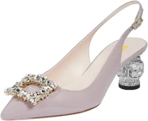 FSJ Women Fashion Crystal Square Buckle Closed Pointed Toe Slingback Pumps Rhinestone Block Low Heel Sandals Party Prom Dress Shoes Size 4-16 US