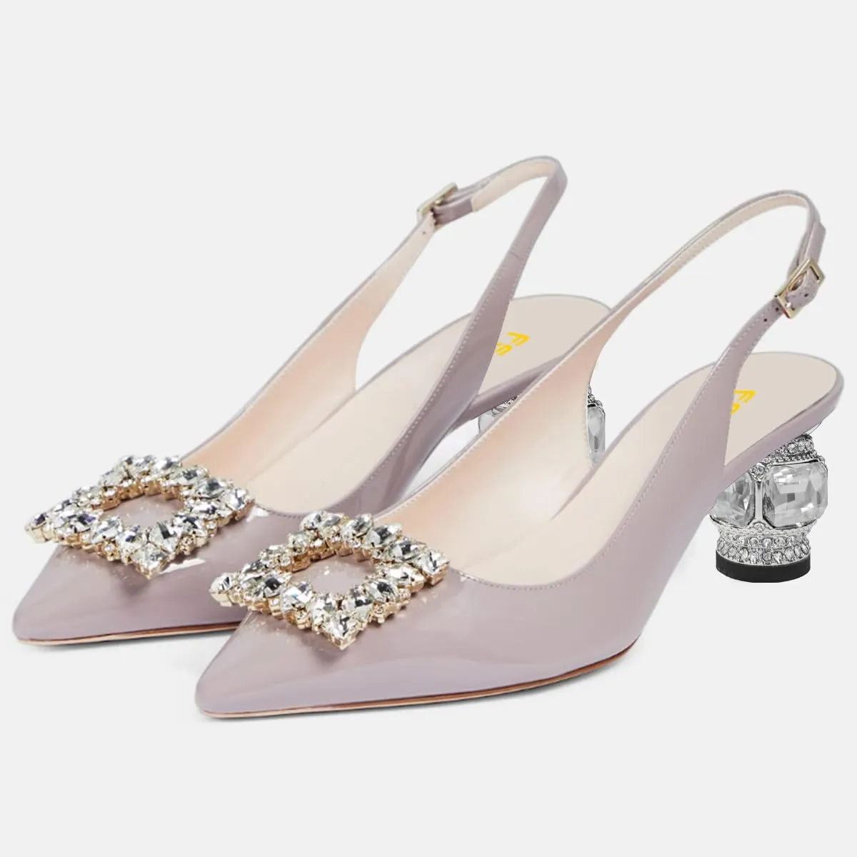 FSJ Women Fashion Crystal Square Buckle Closed Pointed Toe Slingback Pumps Rhinestone Block Low Heel Sandals Party Prom Dress Shoes Size 4-16 US